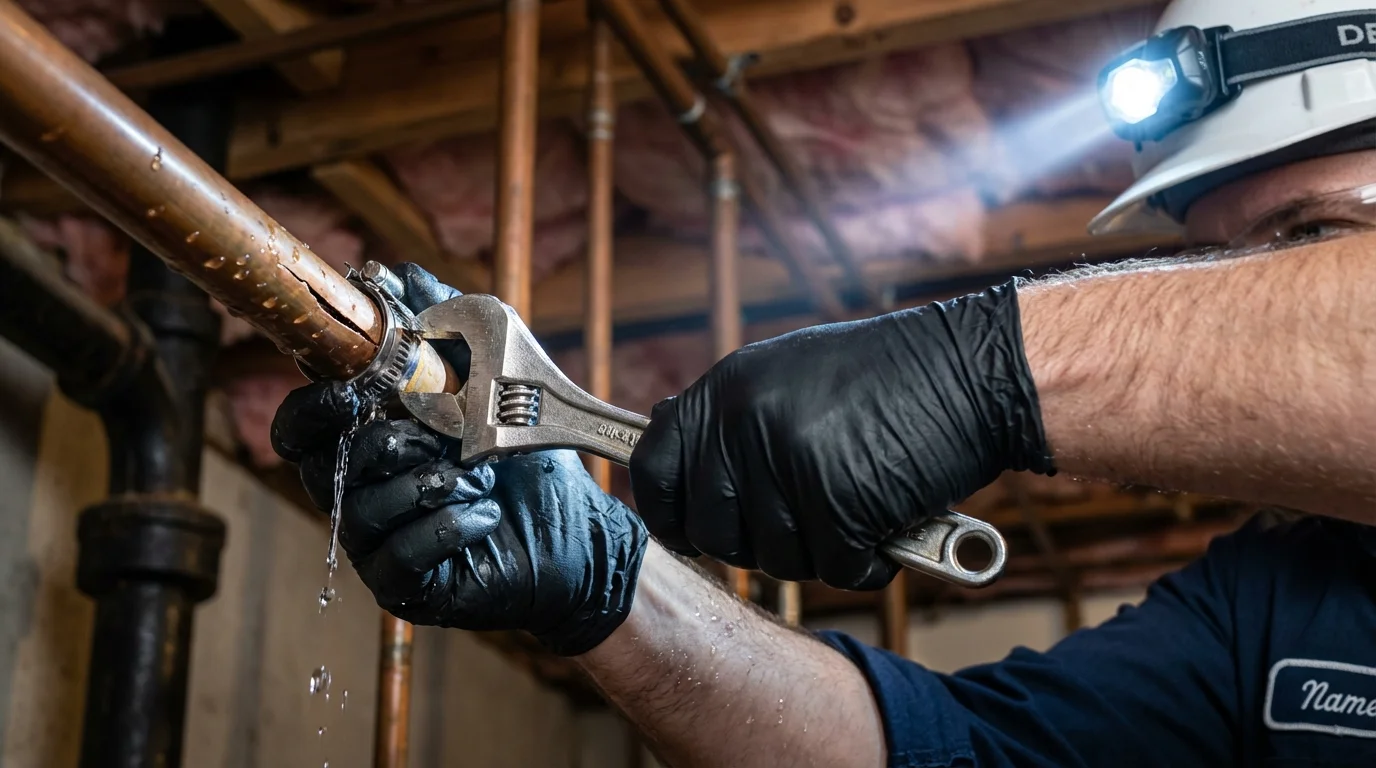 Emergency pipe clamp repair being performed by a Johns Plumbing LLC plumber in Yakima