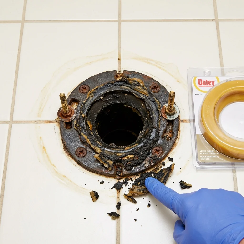 Failed wax ring showing water seepage at the base of a toilet in a Yakima, WA home