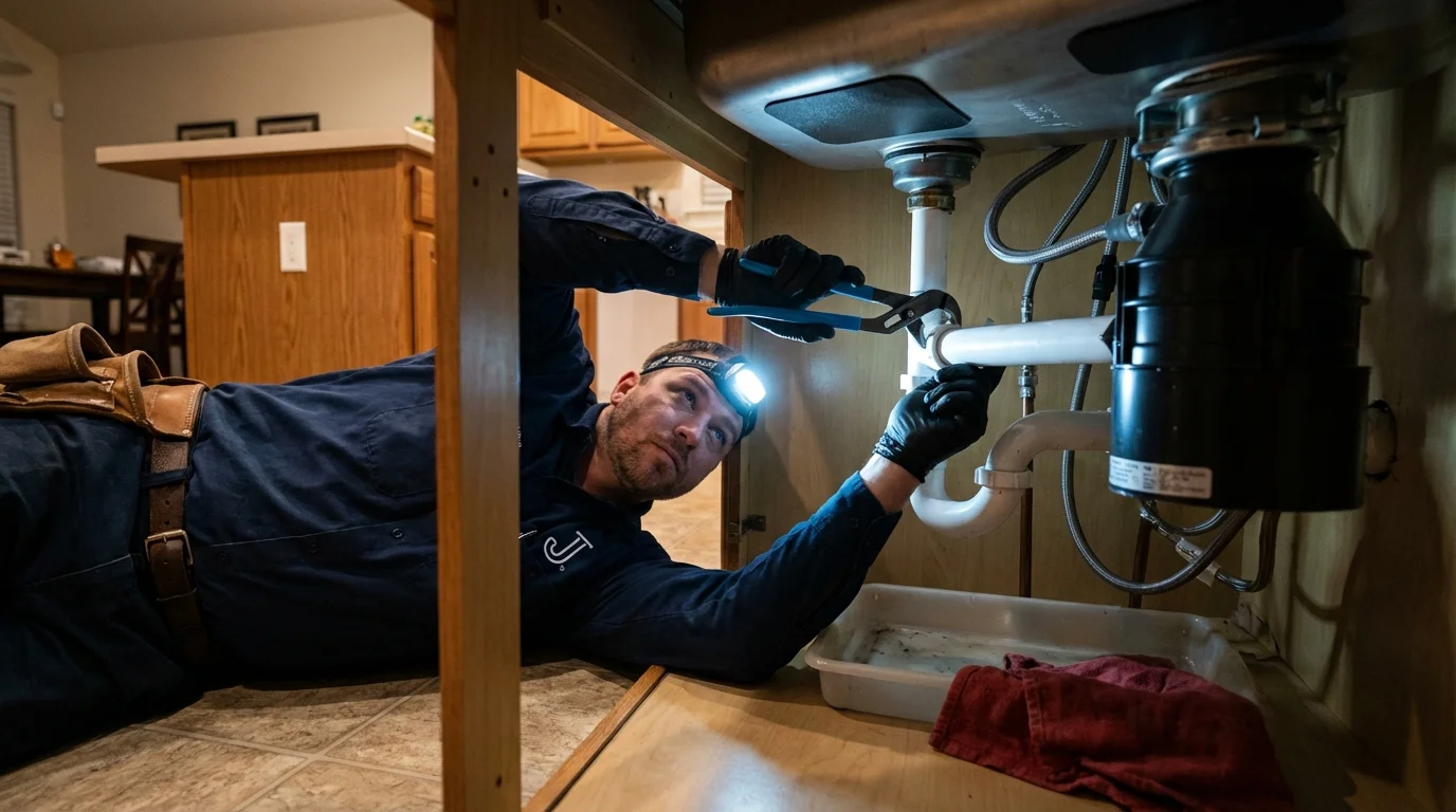 P-trap and supply line connections under a kitchen sink showing a common leak point in Yakima, WA